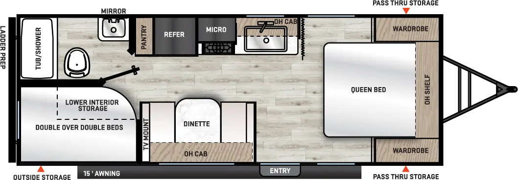 The Aurora 21BH floorplan has one entry and zero slide outs. Exterior features include: metal exterior and 15' awning. Interiors features include: bunk beds and front bedroom.